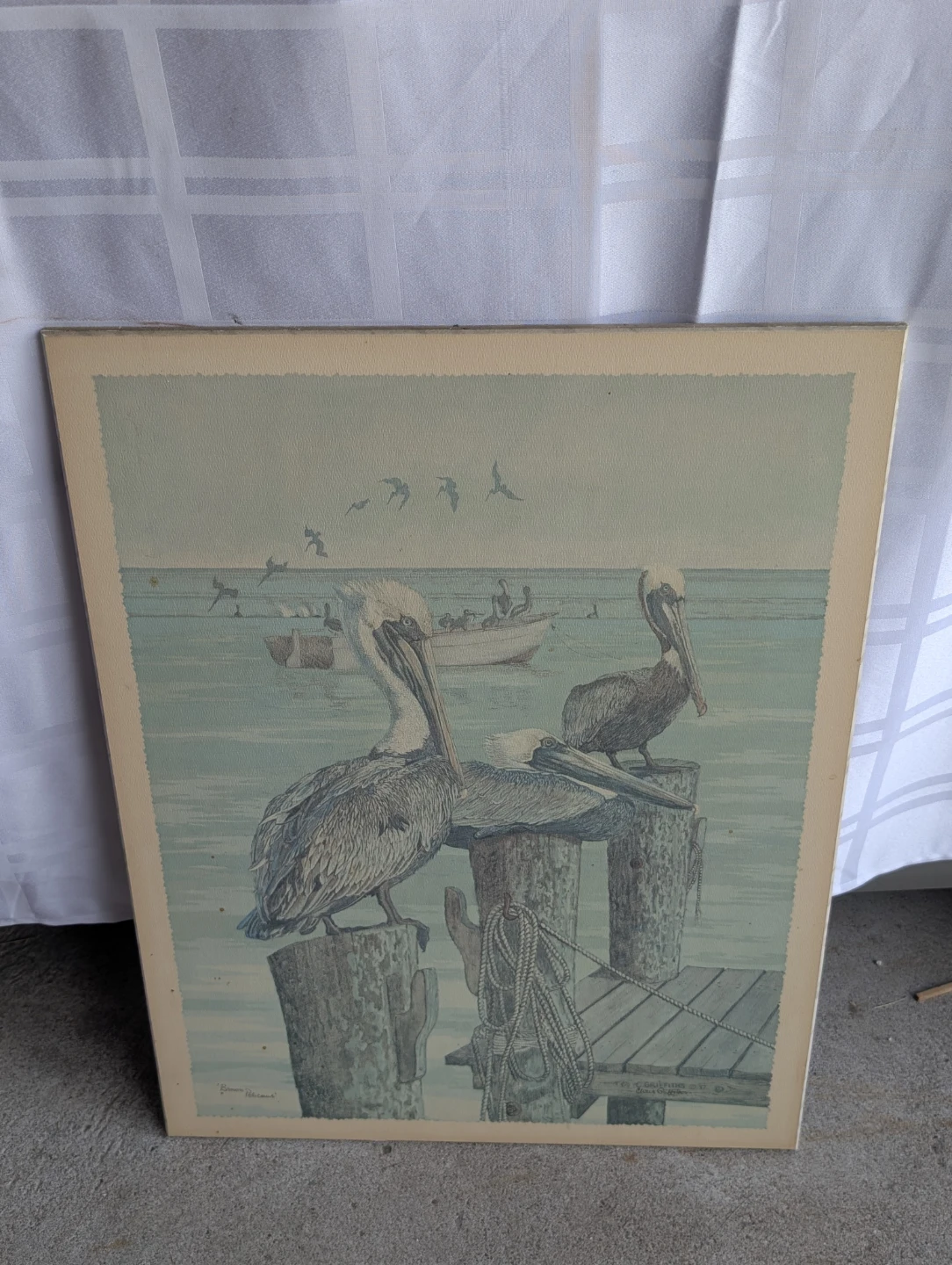 Painting of Two Pelicans on Posts