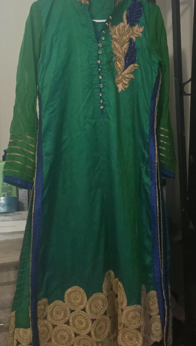 Silk Green Kurti with Gold and Blue Embroidery