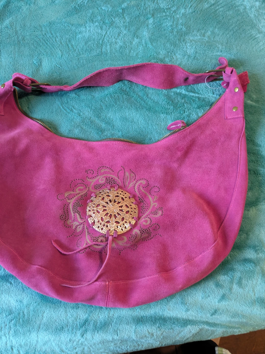 Fuchsia Suede Hobo Bag with Embellishment
