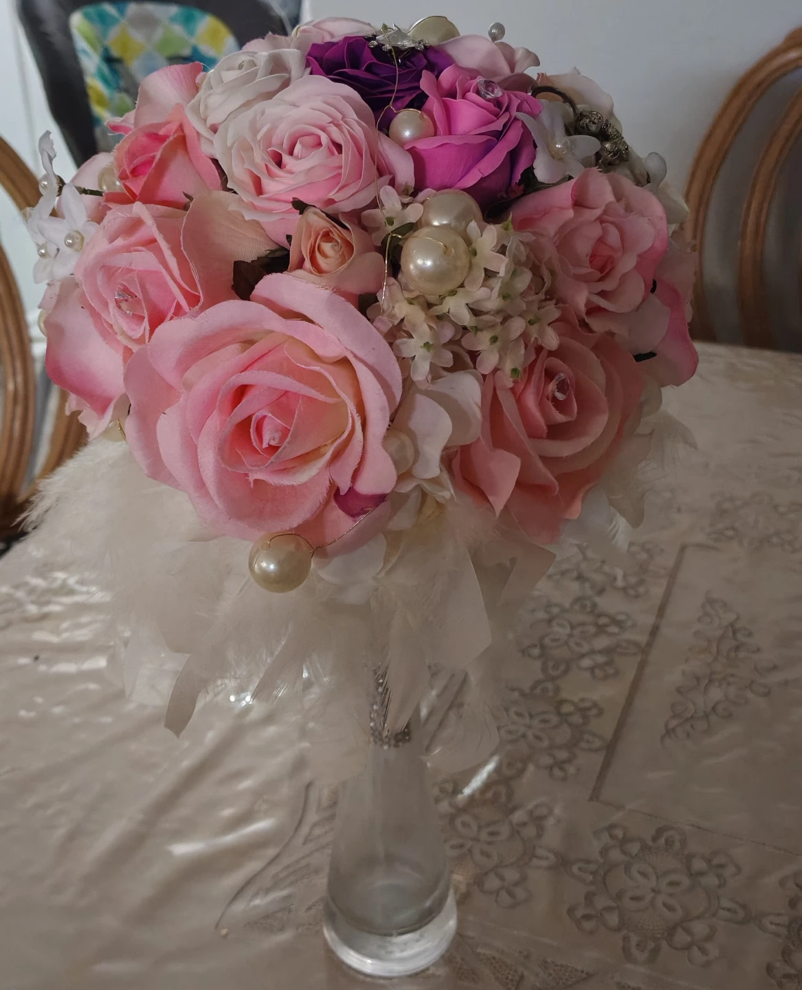 Artificial Wedding Bouquet with Roses and Feathers - photo 3