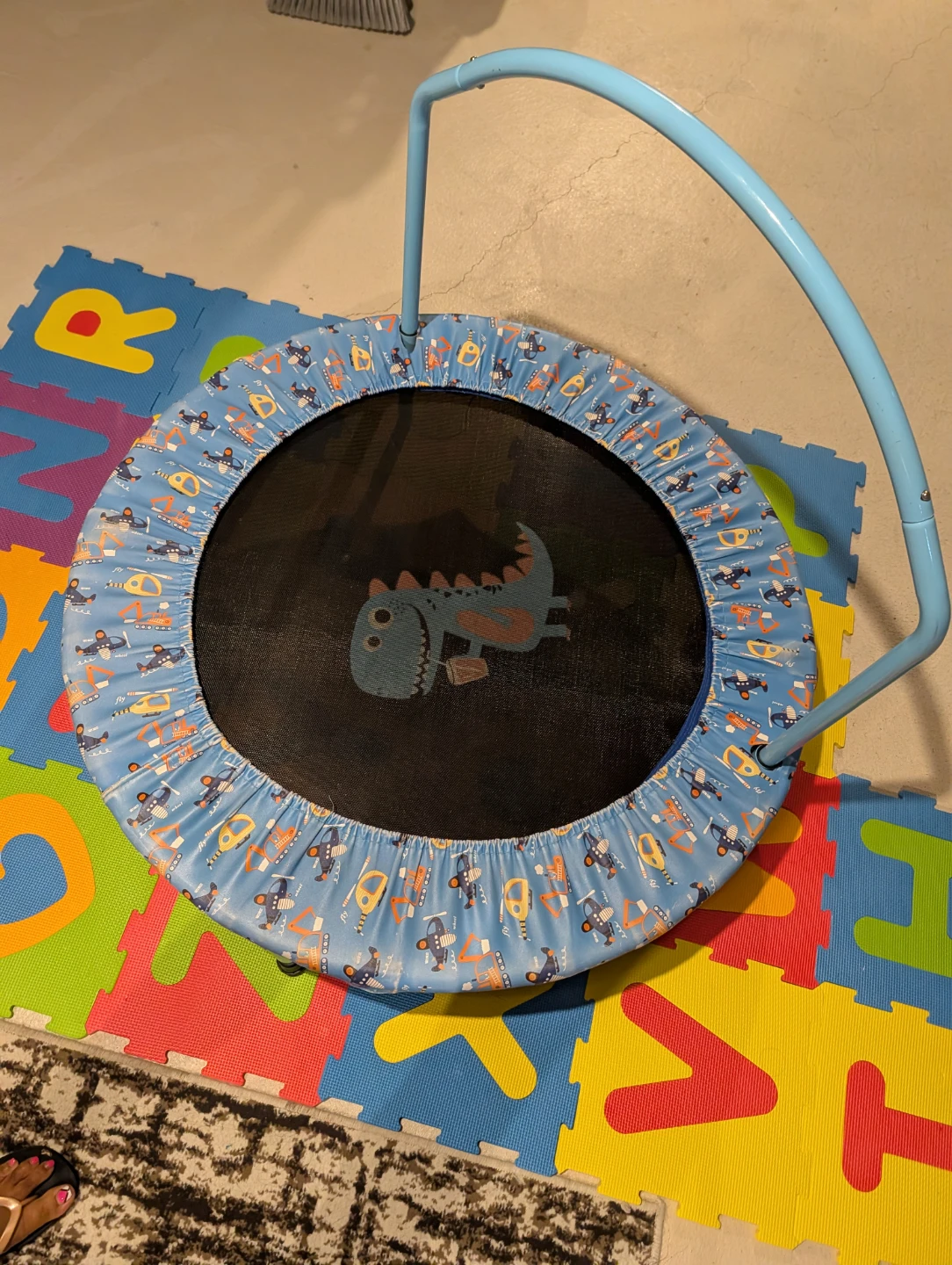Blue Kids Trampoline with Dinosaur and Vehicle Print - photo 3