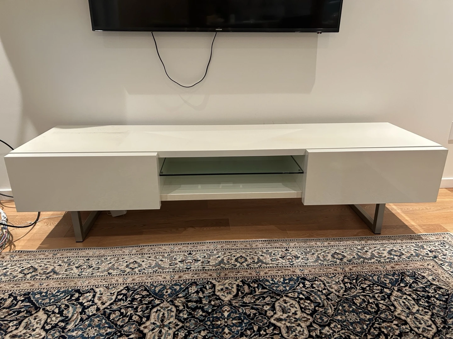 Caligaris White Media Console with Glass Shelf