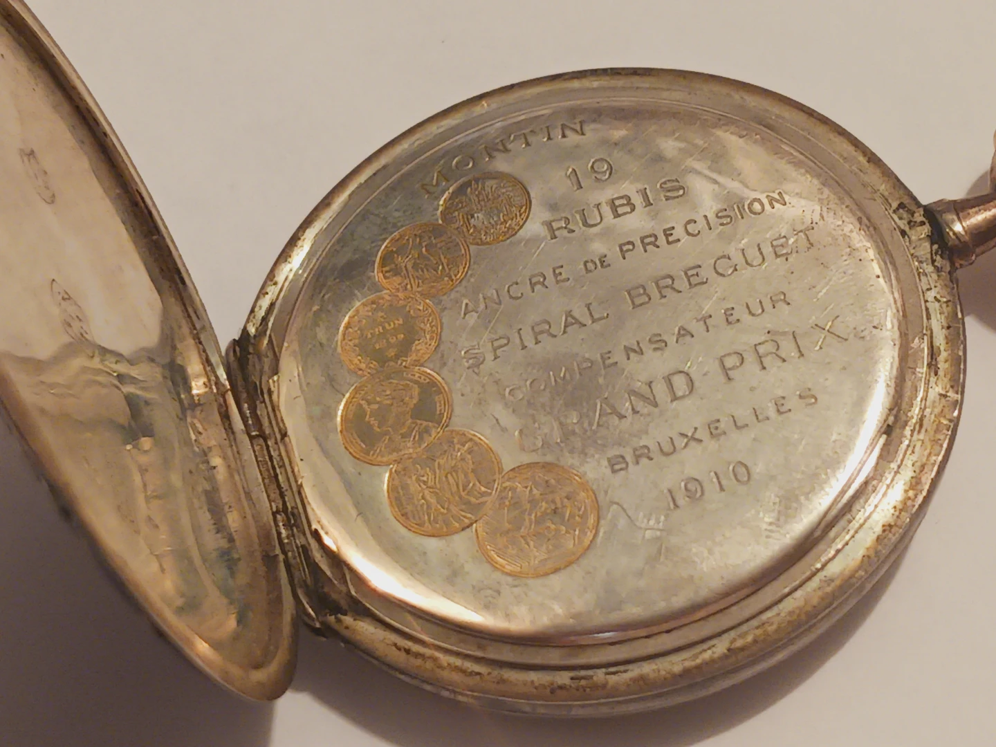 1910. ANTIQUE 900 SILVER 19 Rubis GrandPrixBruxelles PocketWatch - photo 3