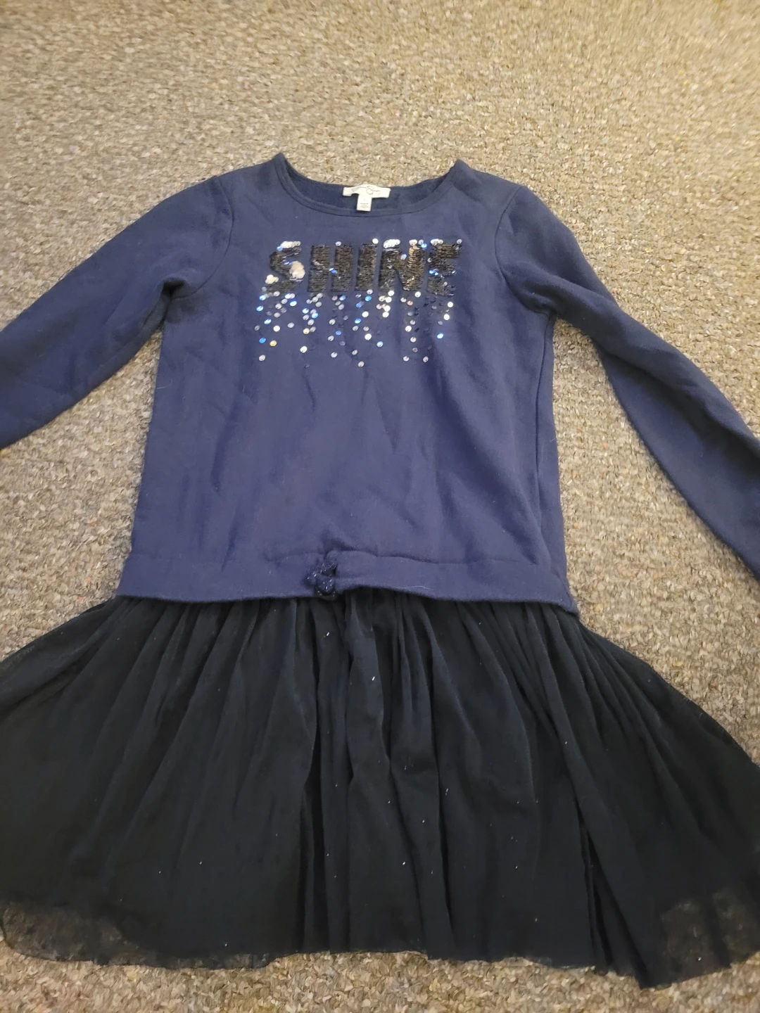 Girls navy blue dress with sequin "SHINE" text
