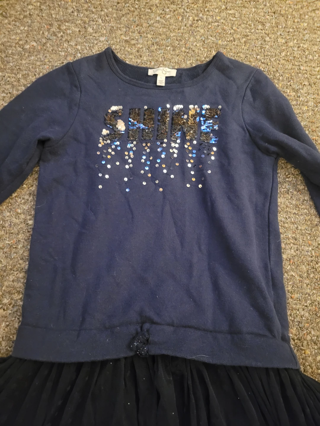 Girls navy blue dress with sequin "SHINE" text - photo 3