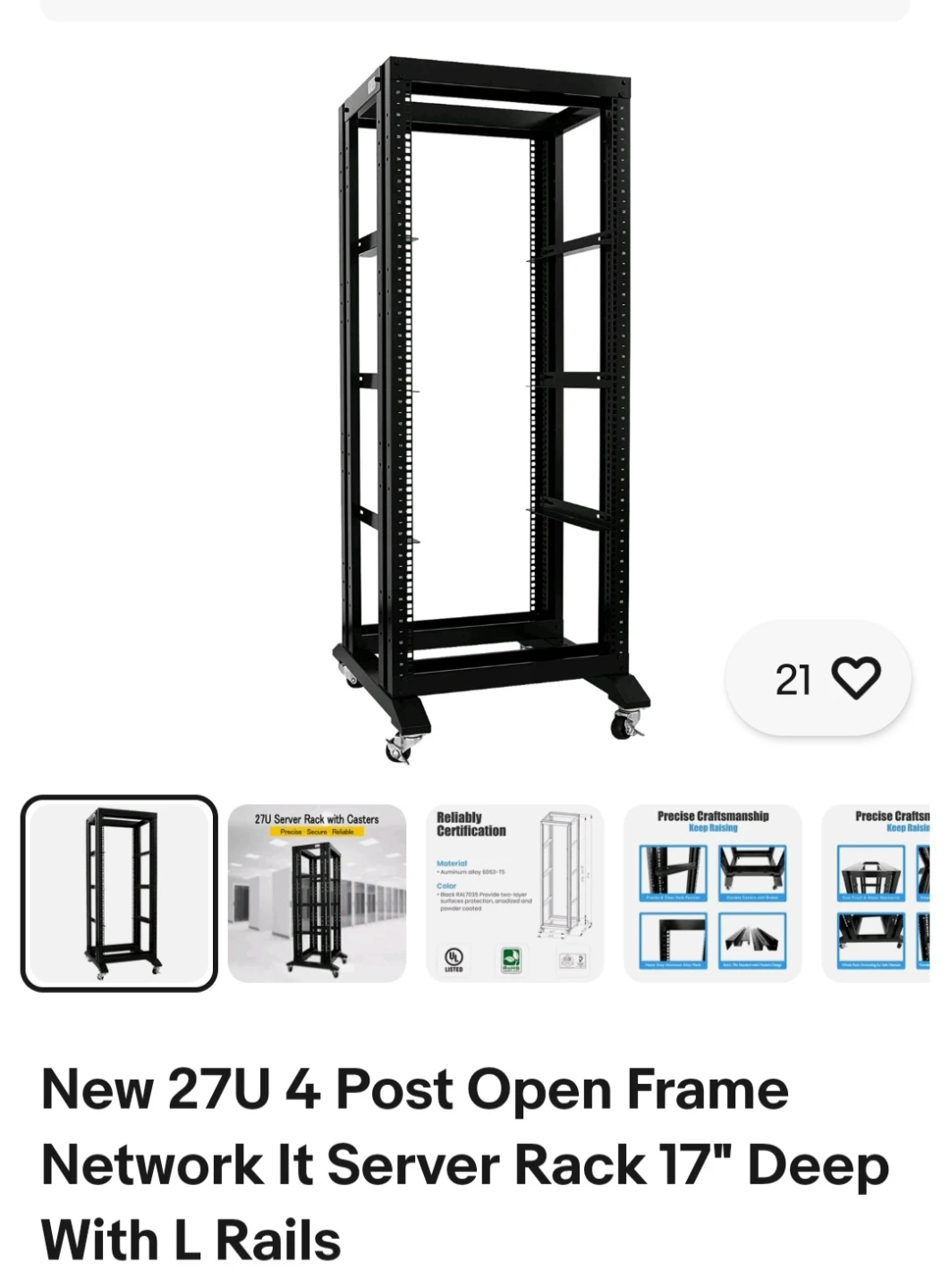 27U 4 Post Open Frame Network IT Server Rack With L Rails - photo 3