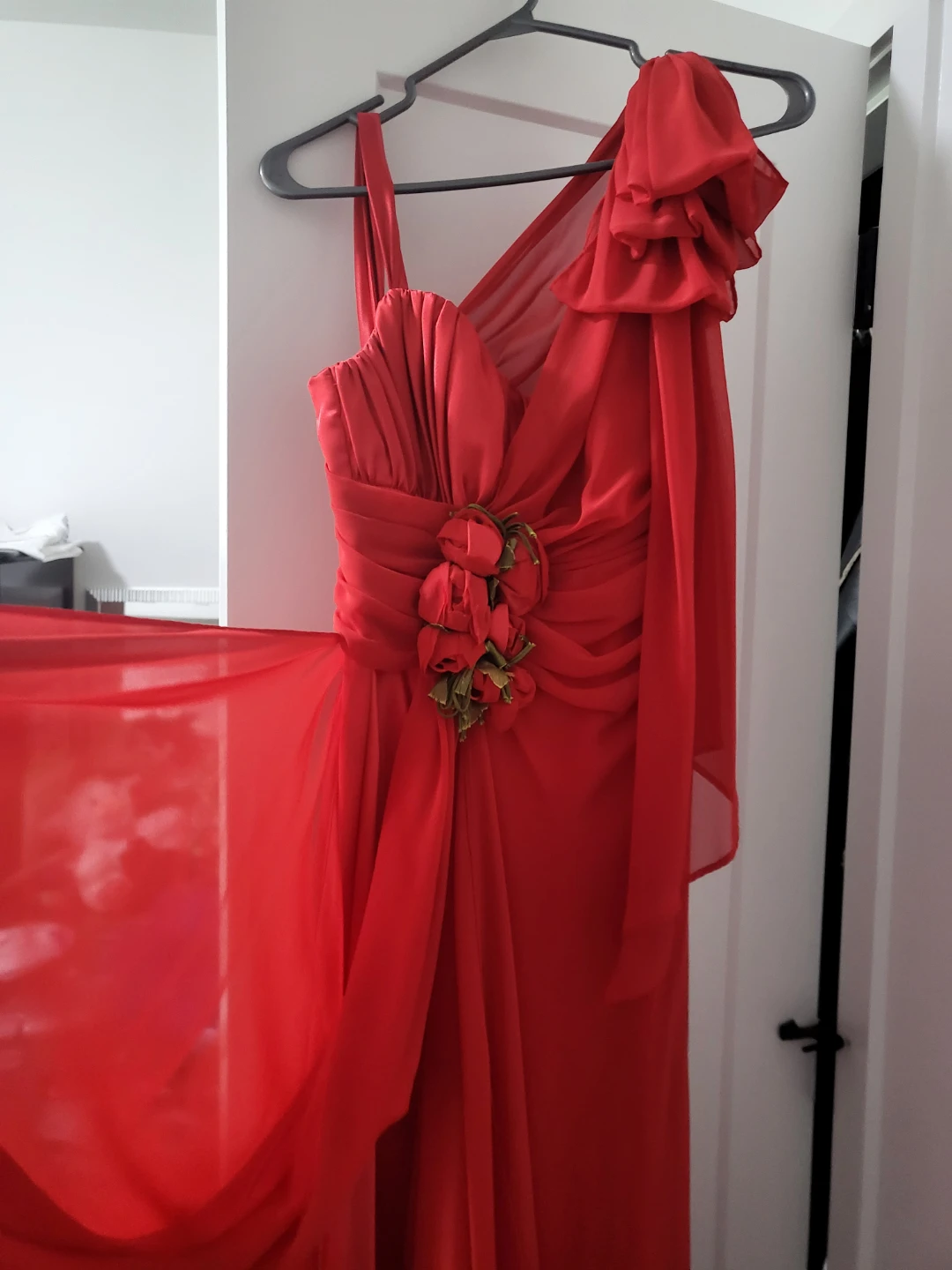 Red Formal Dress with Floral Accent
