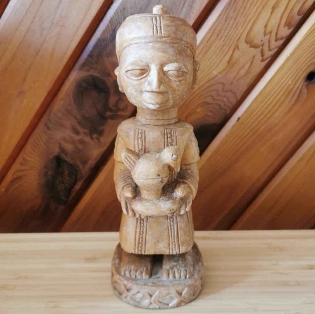 Vintage Hand Carved African Wood Figure Holding Bird Sculpture