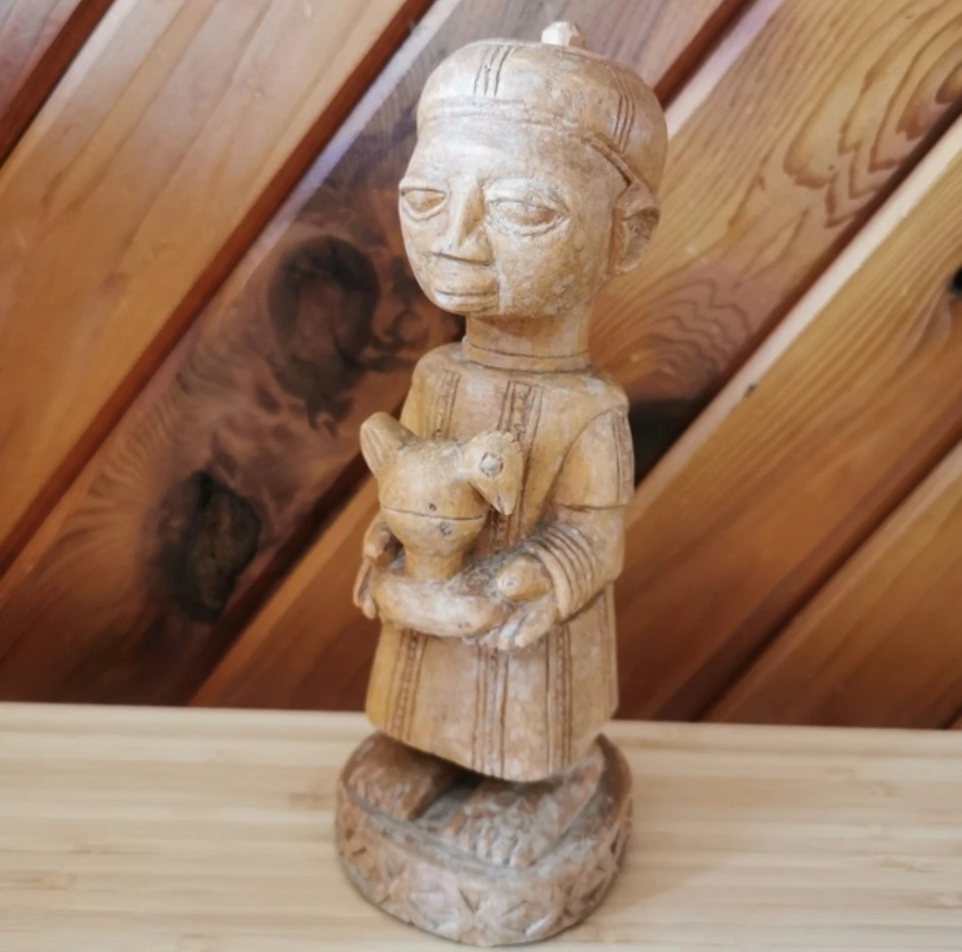 Vintage Hand Carved African Wood Figure Holding Bird Sculpture - photo 2