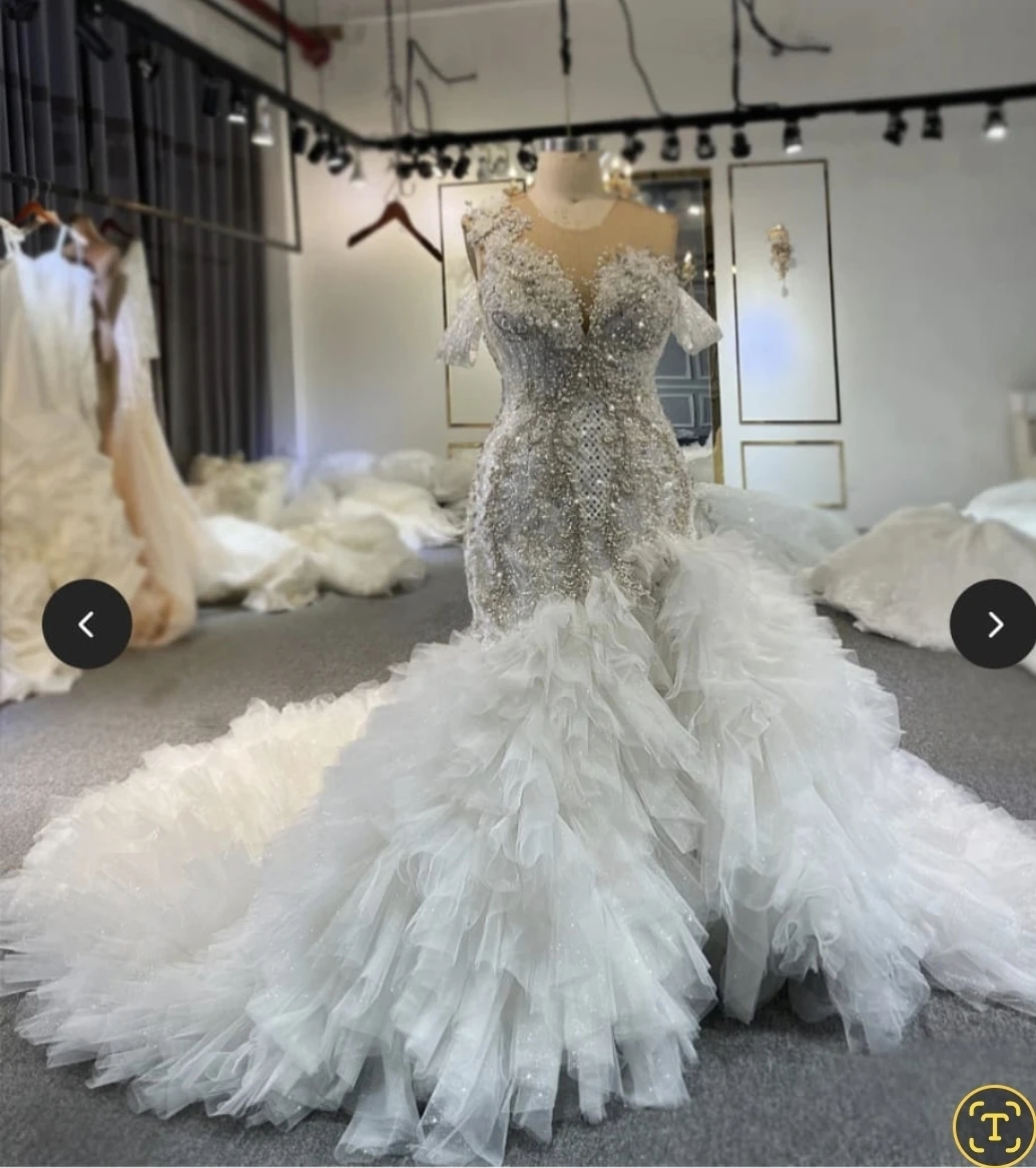 Sparkly White Mermaid Wedding Dress with Ruffle Train