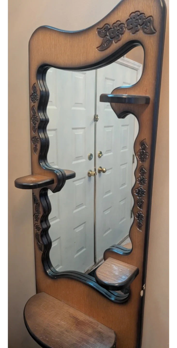Vintage Wooden Hall Tree Mirror with Shelves