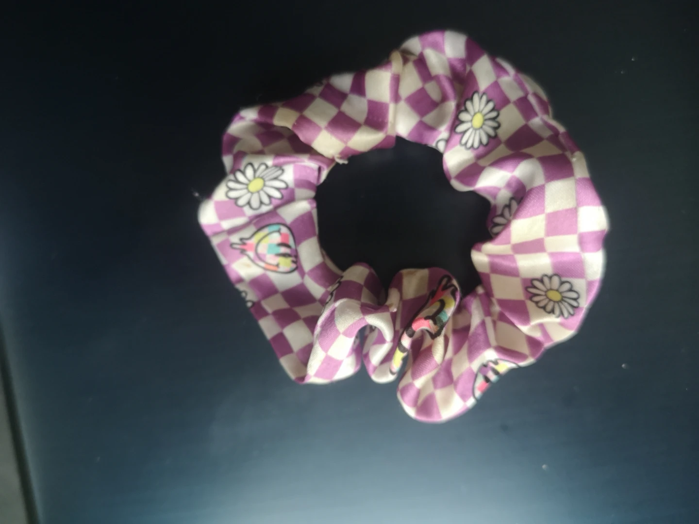Preppy Purple and White Checkered Scrunchie with Daisies