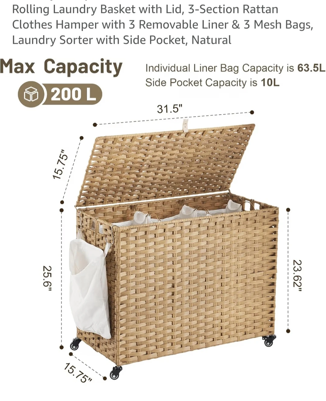 Rolling Laundry Basket with Lid - Natural Rattan - 200L