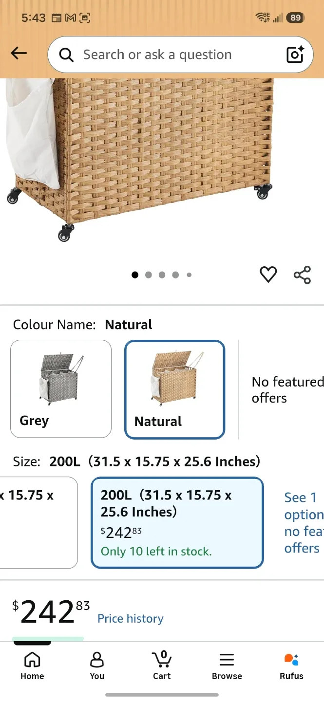 Rolling Laundry Basket with Lid - Natural Rattan - 200L - photo 2