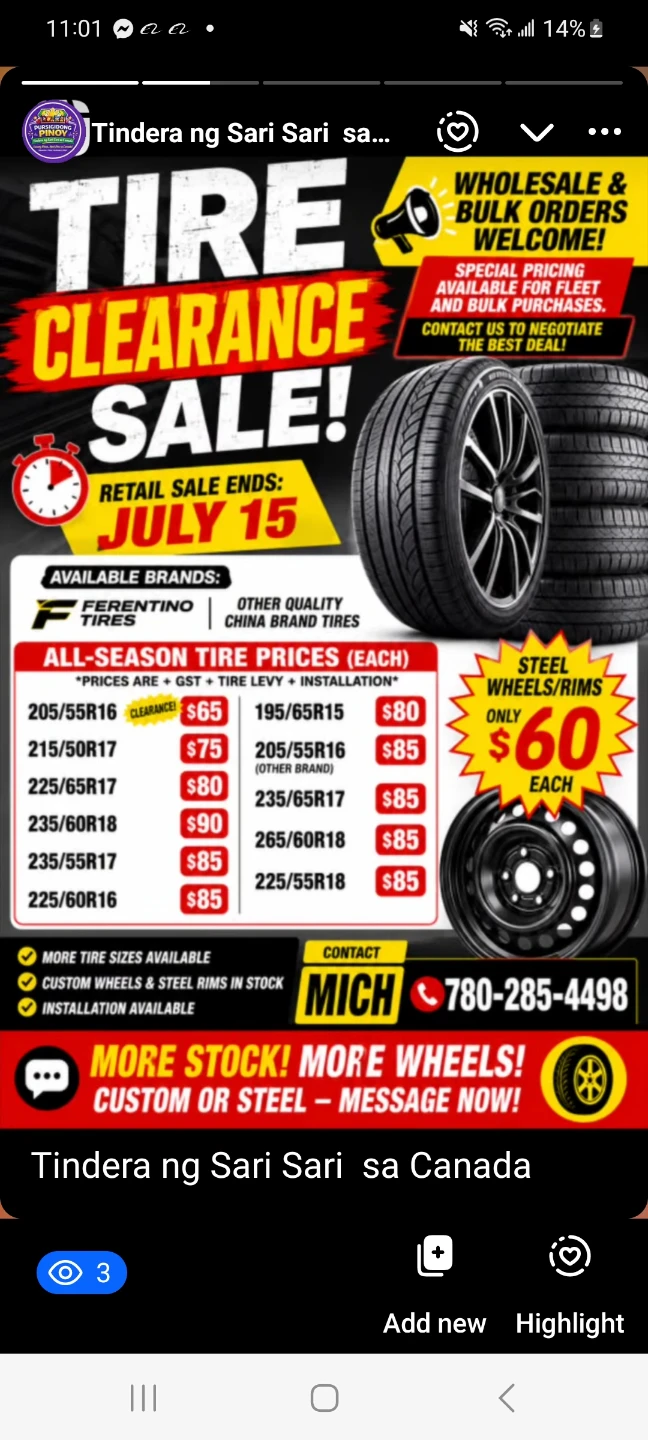 Tire Clearance Sale - Various Sizes Available