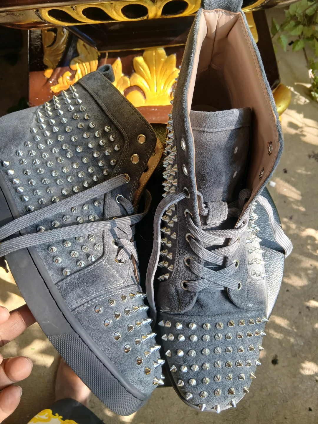 Christian Louboutin Grey Suede Spiked High-Top Sneakers