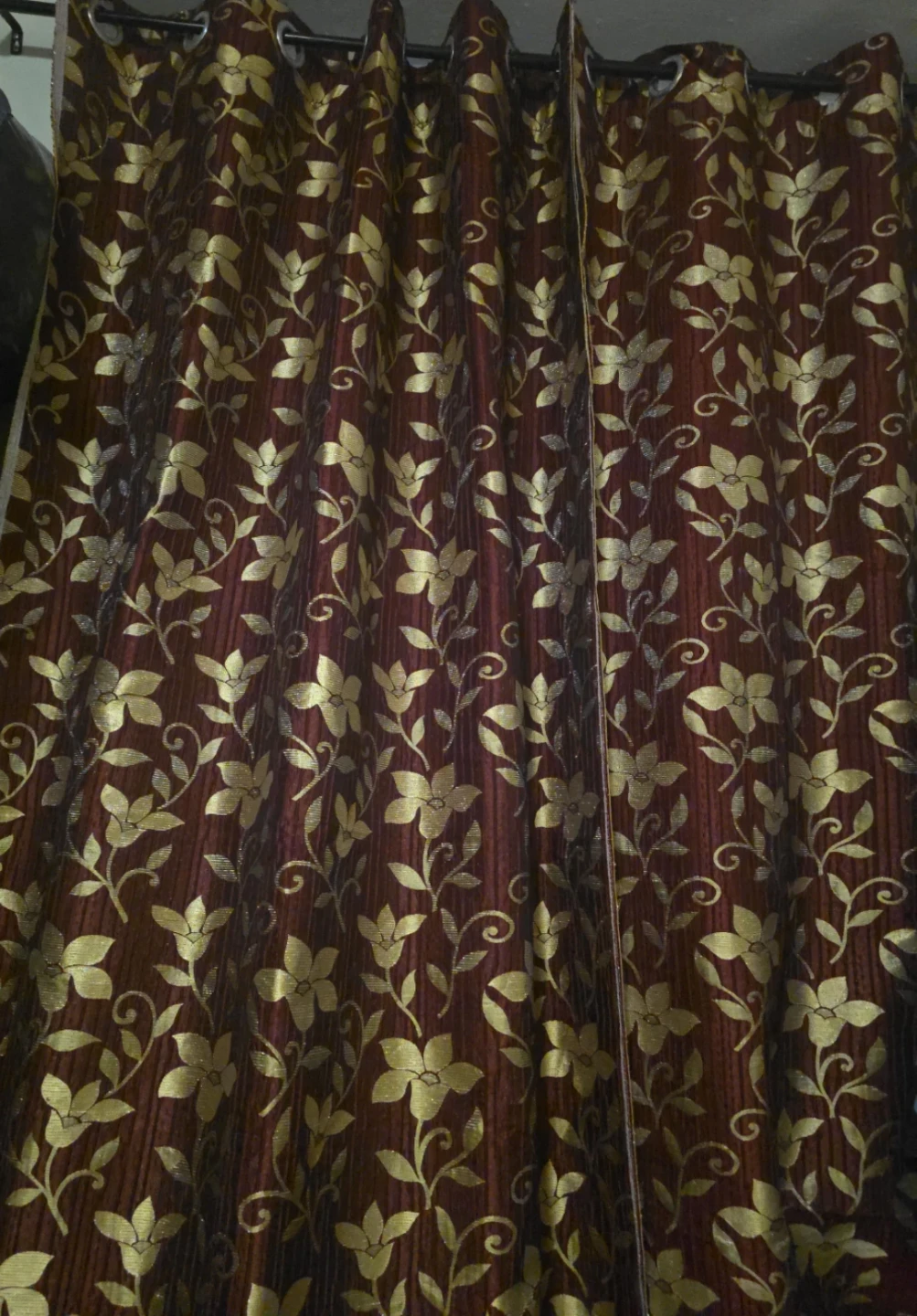 Two Burgundy   gold shimmering Floral Pattern Curtains .