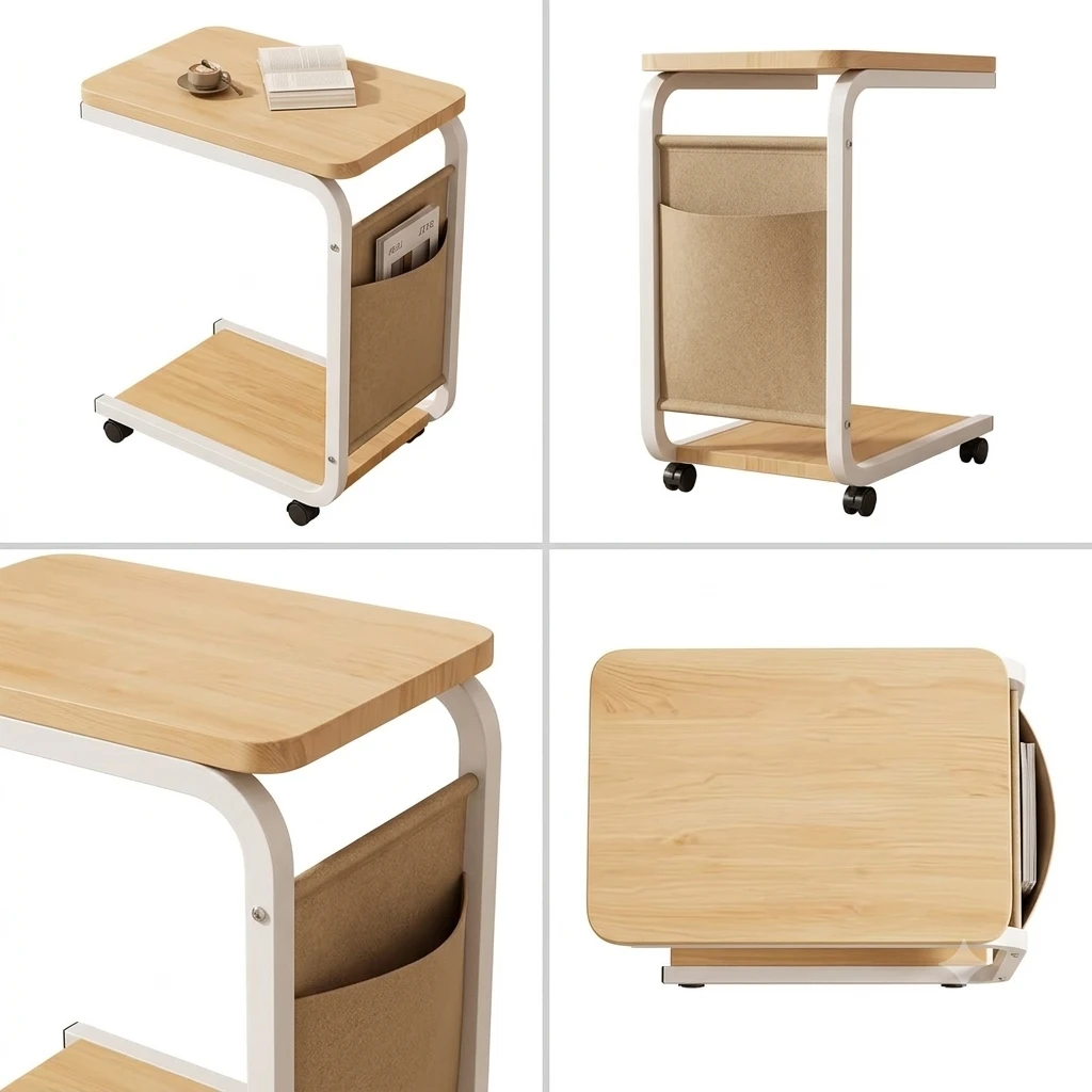 C-Shaped Mobile Side Table with Organizer Pocket - photo 2