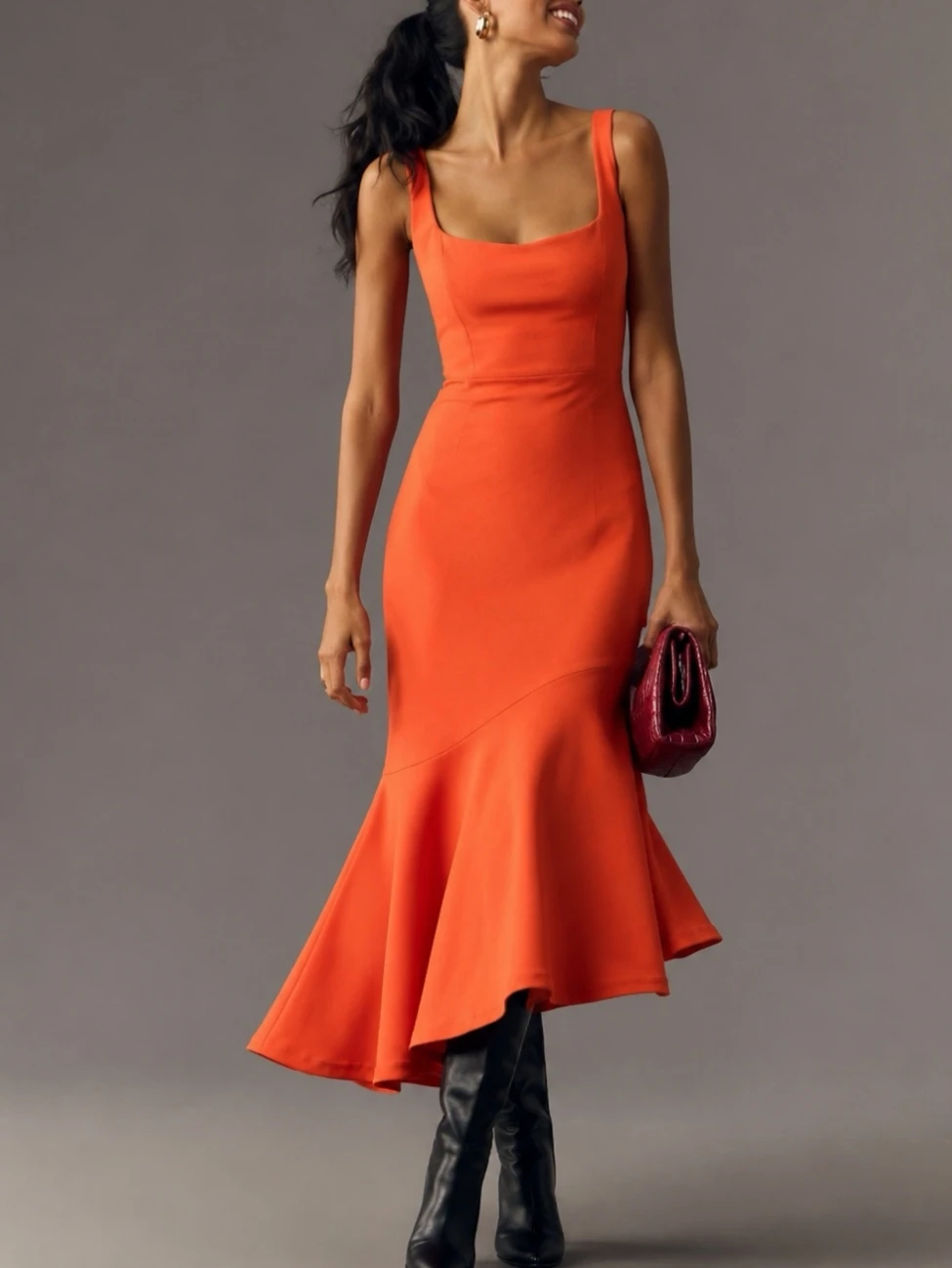 Anthropologie Orange Fishtail Midi Dress