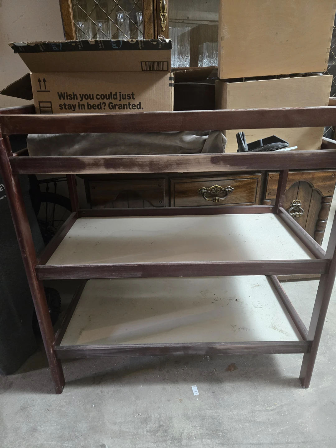 Wooden tiered shelf unit