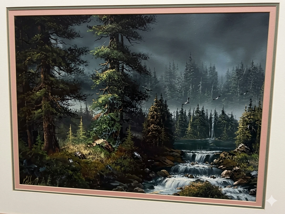 Framed Landscape Painting - Forest Waterfall Scene - photo 3