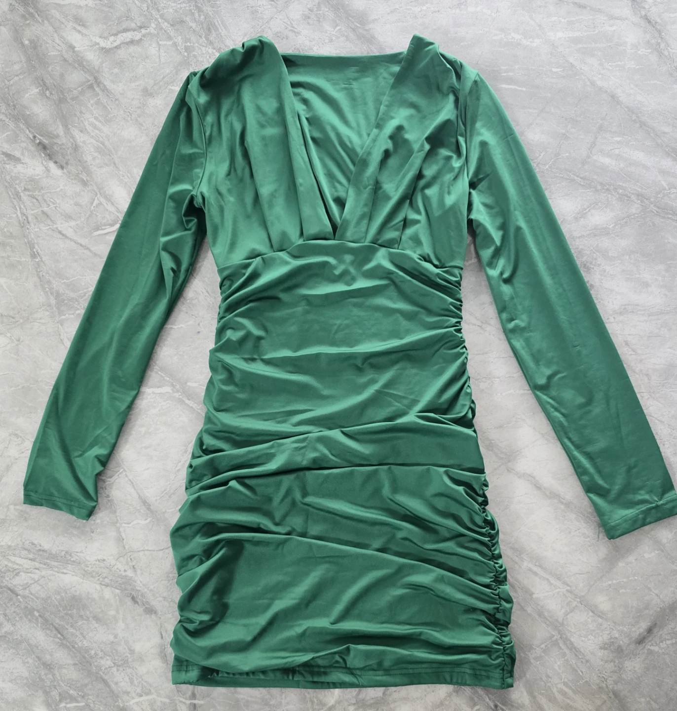 New Medium Green Ruched Long Sleeve Mini Dress