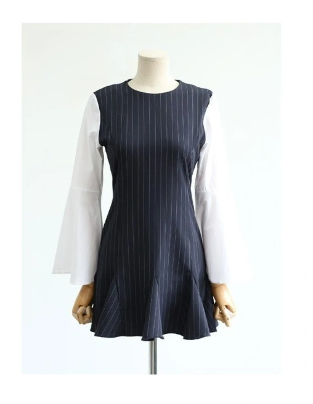 Made in Korea NEW Navy Blue Pinstripe Mini Dress Bell Sleeves