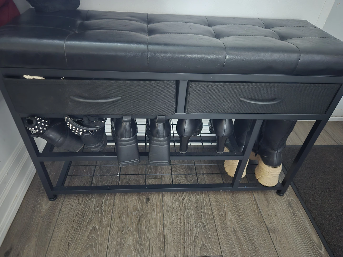 Black Faux Leather Storage Bench with Shoe Rack