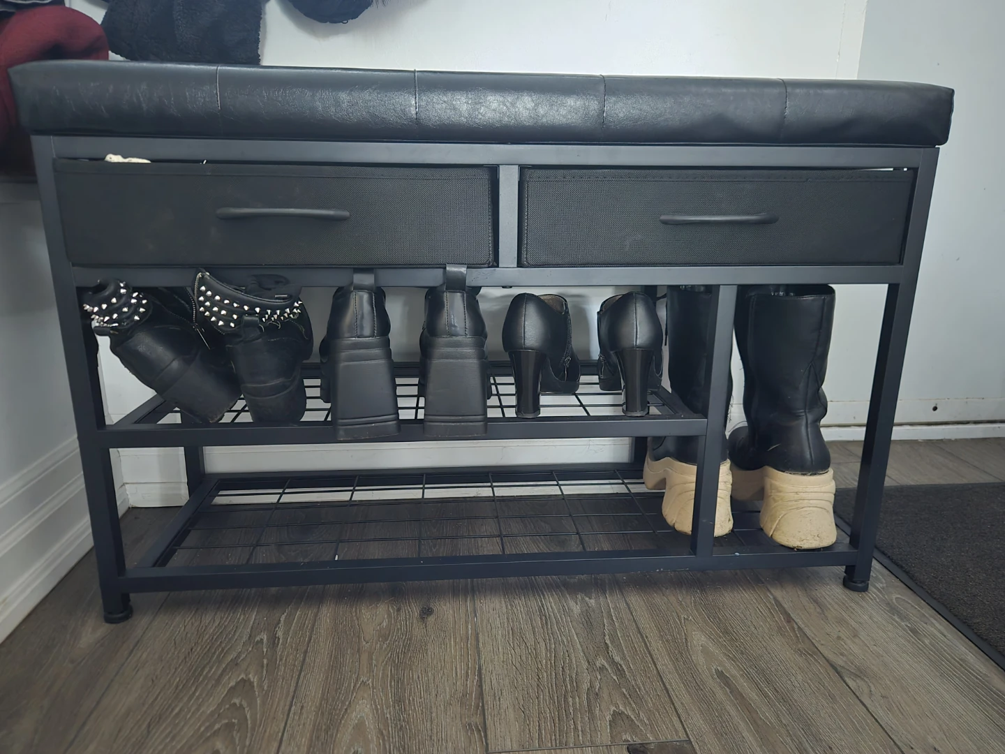 Black Faux Leather Storage Bench with Shoe Rack - photo 2