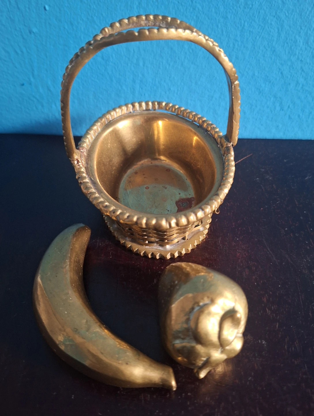 Brass Miniature Basket with Banana and Strawberry