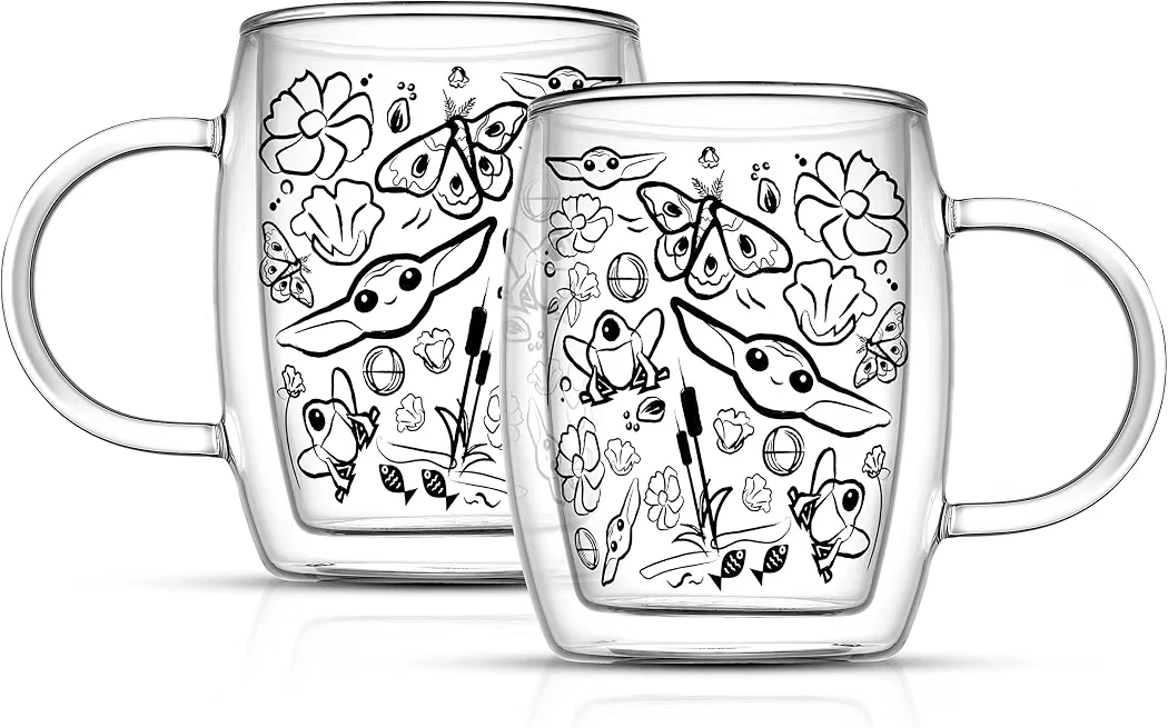 Set of 3 -- Glass Mugs with Cute Cartoon Design