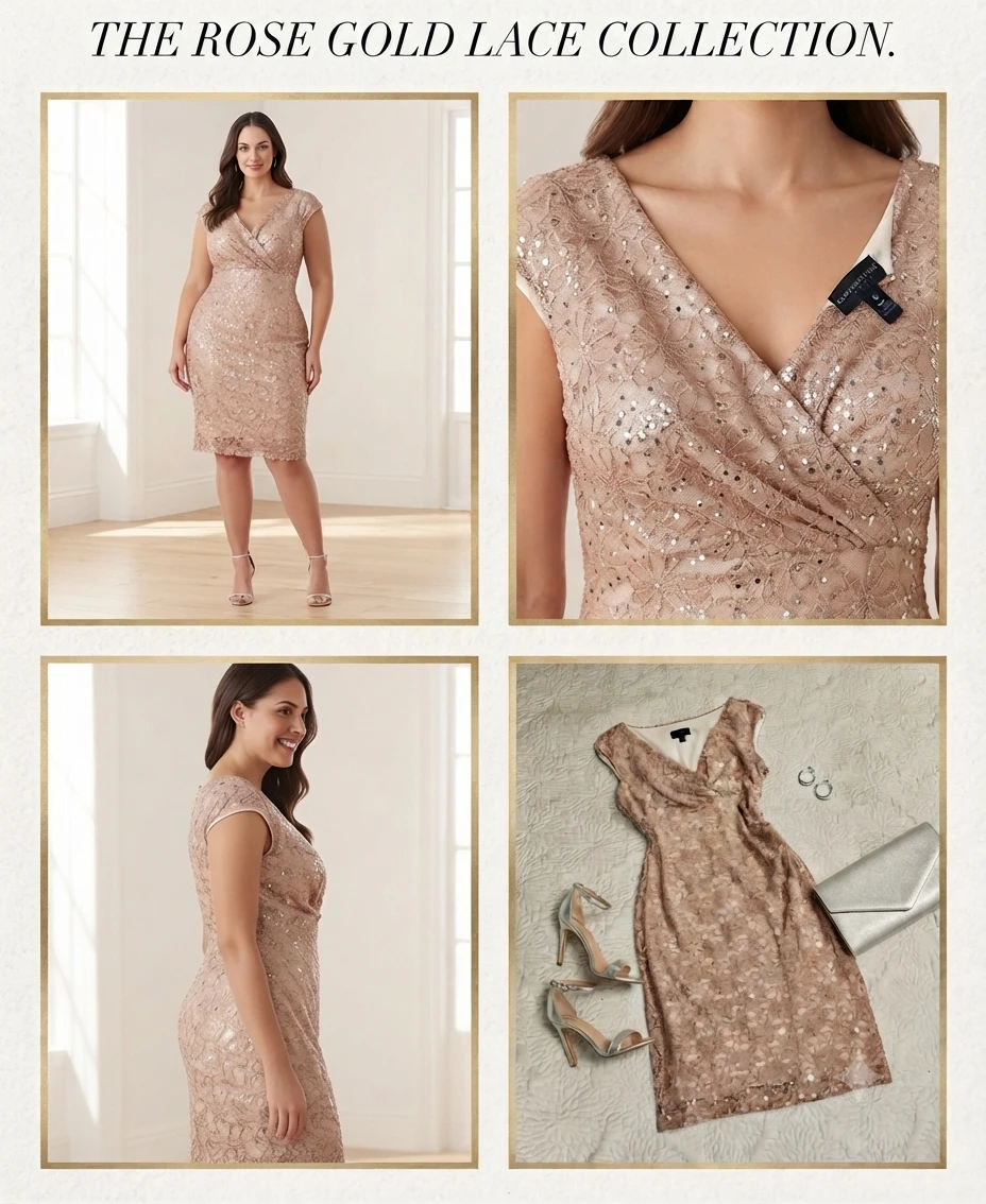 Adrianna Papell Rose Gold Lace Sequin Dress