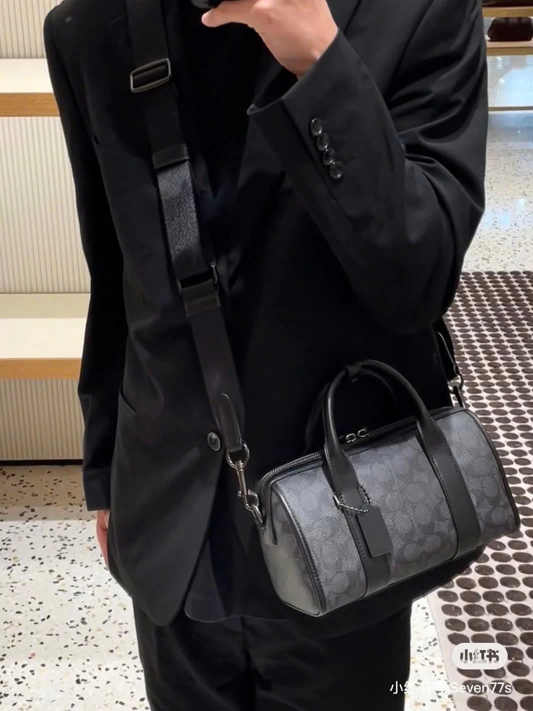 Coach Black Signature Monogram Barrel Bag