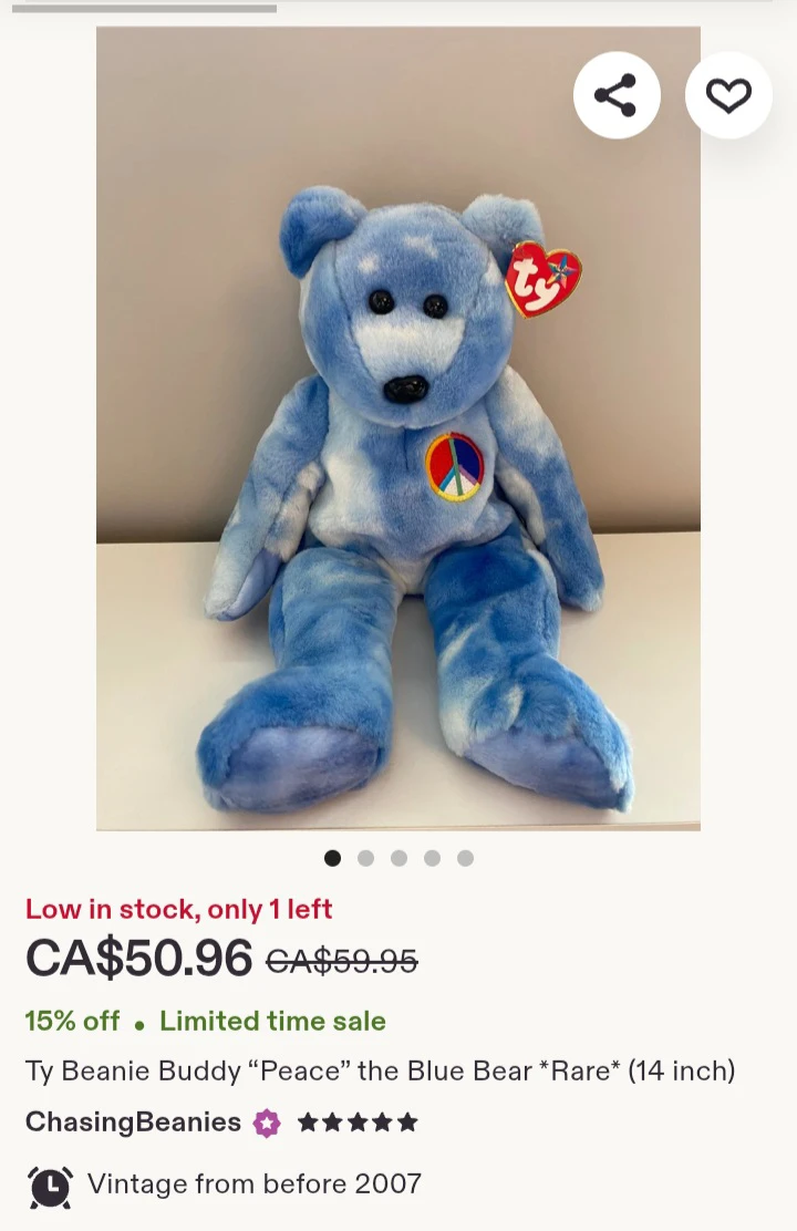 Large Ty Beanie Baby Peace Bear Plush Toy - photo 4