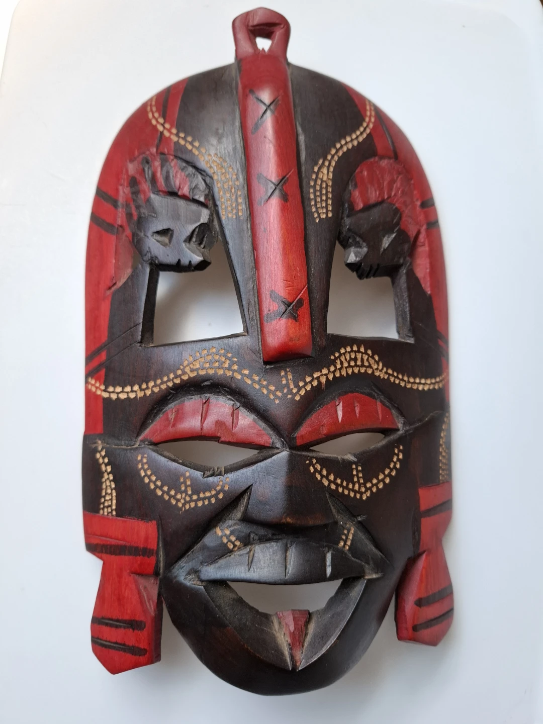 Mayan Carved Wood Mask - hand made Red and Black