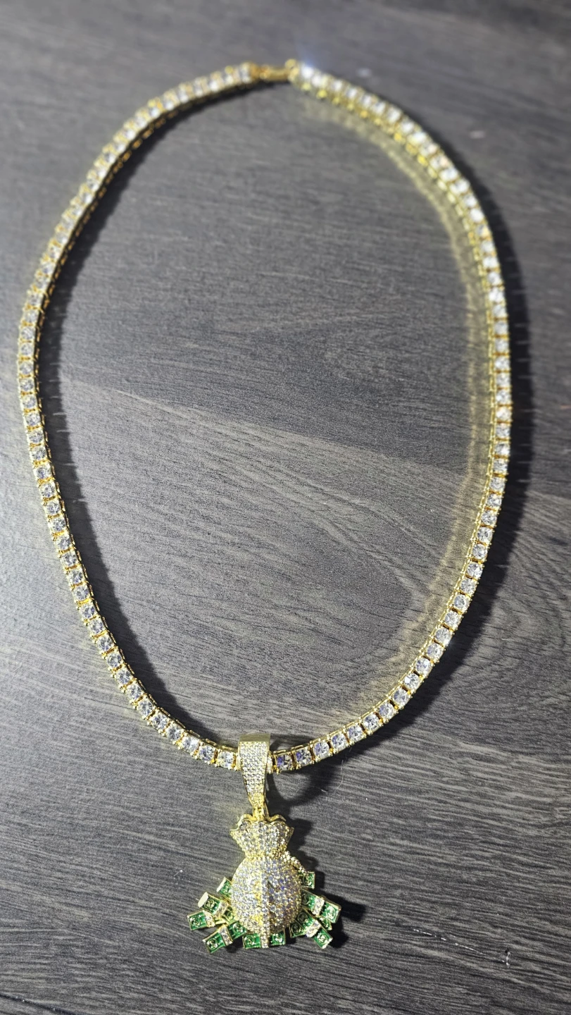 Gold Money Bag Pendant Tennis Chain Necklace - photo 3