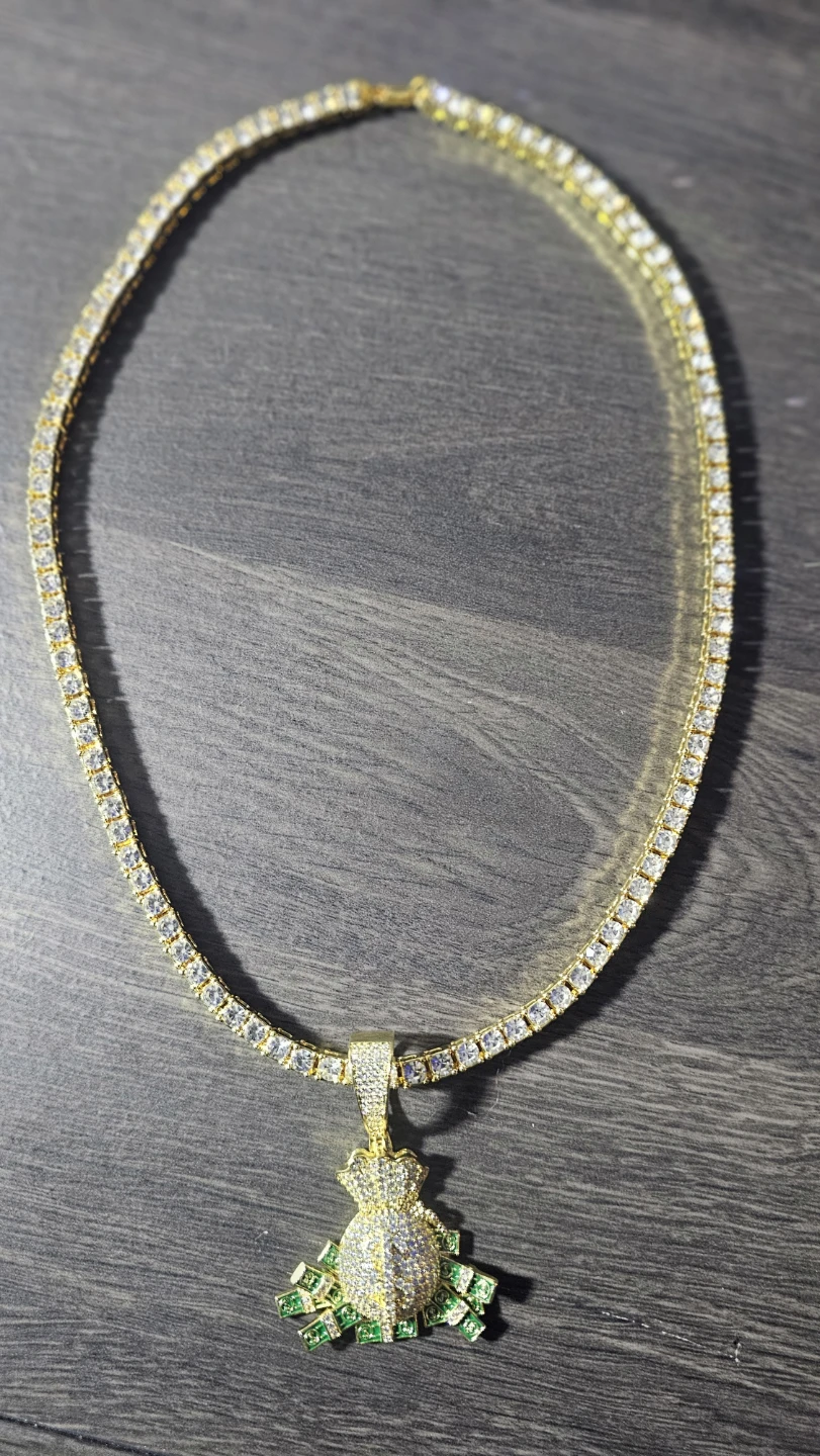 Gold Money Bag Pendant Tennis Chain Necklace - photo 5