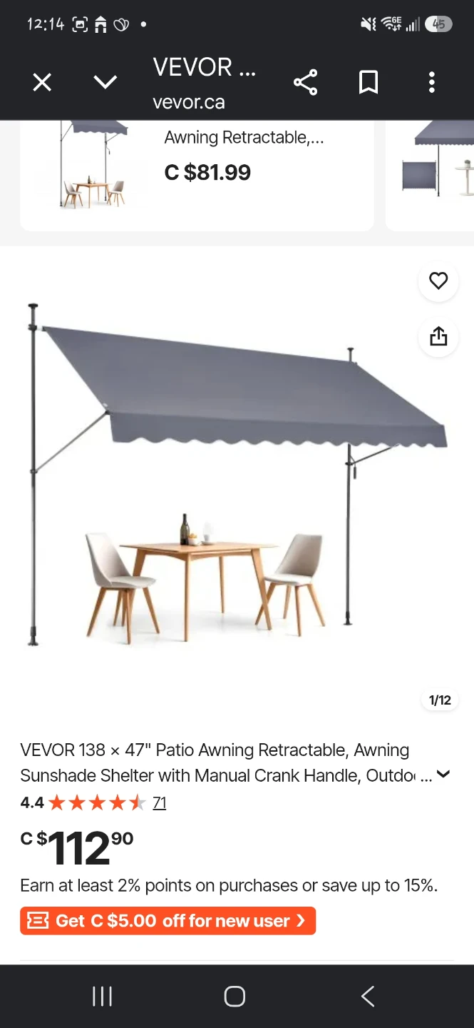 VEVOR 138" x 47" Patio Awning Retractable