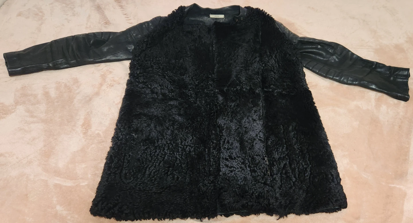 Authentic CELINE Black Curly Sheepskin Shearling Fur Media Coat