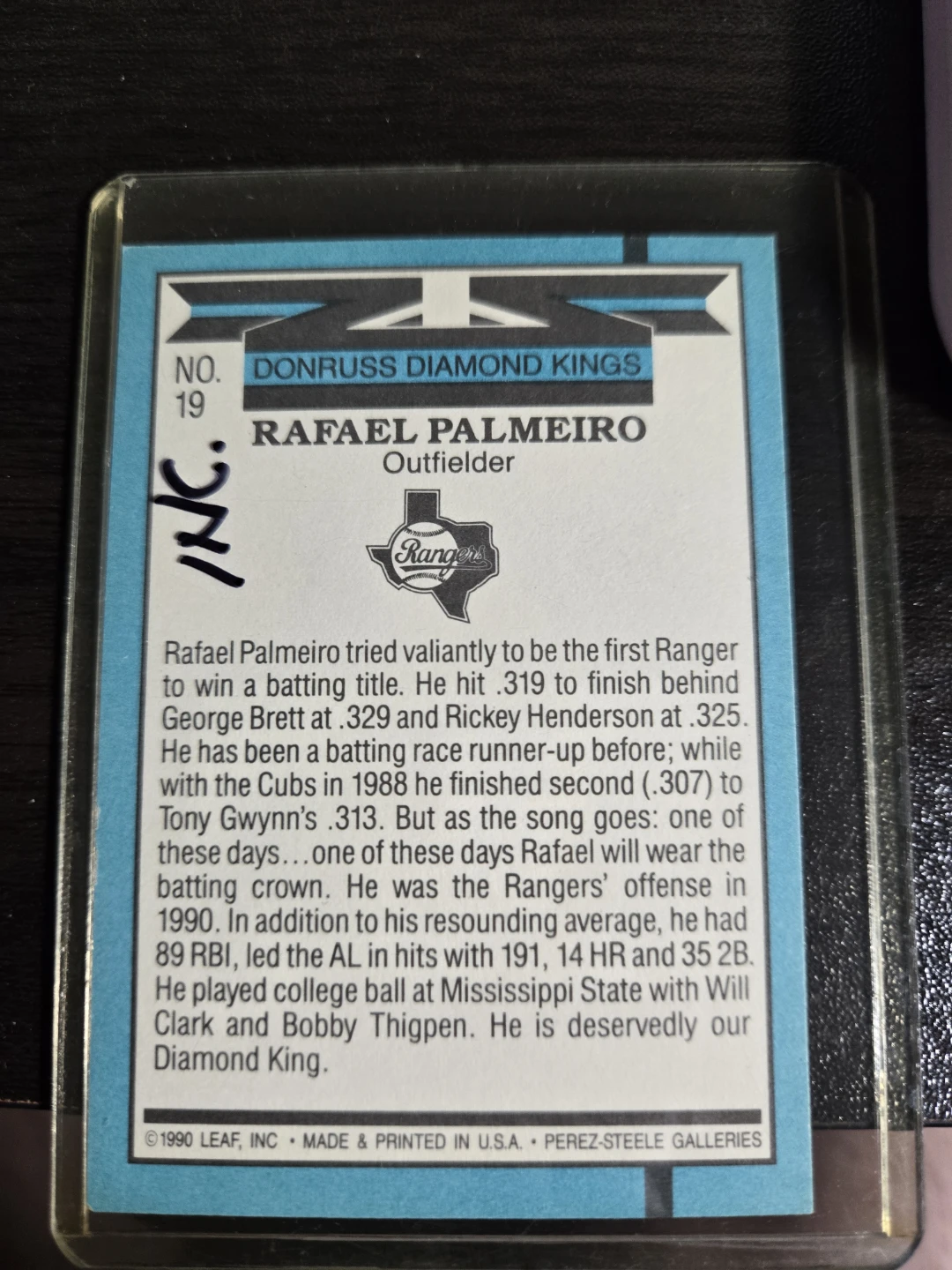 1990 Donruss Diamond Kings Rafael Palmeiro Baseball Card - photo 2