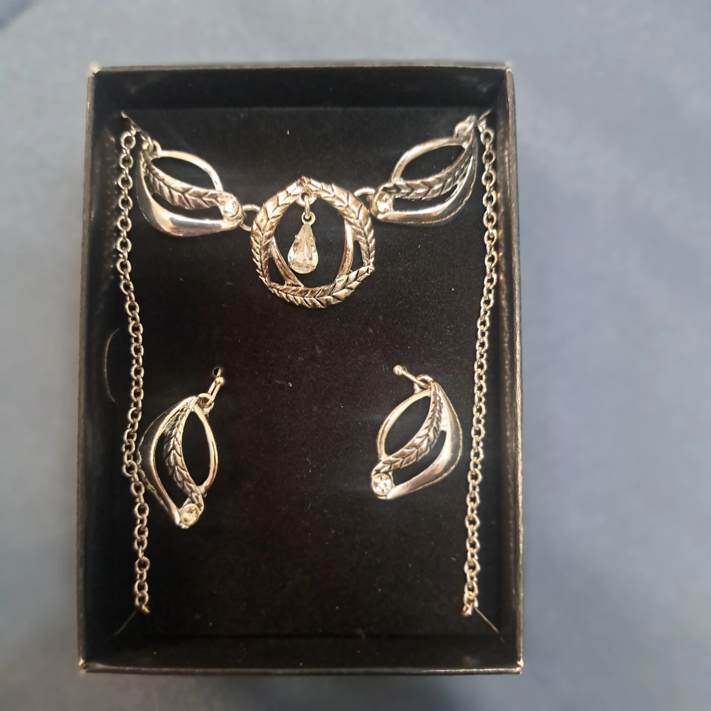 Silver Tone Necklace and Earring Set with Clear Stones
