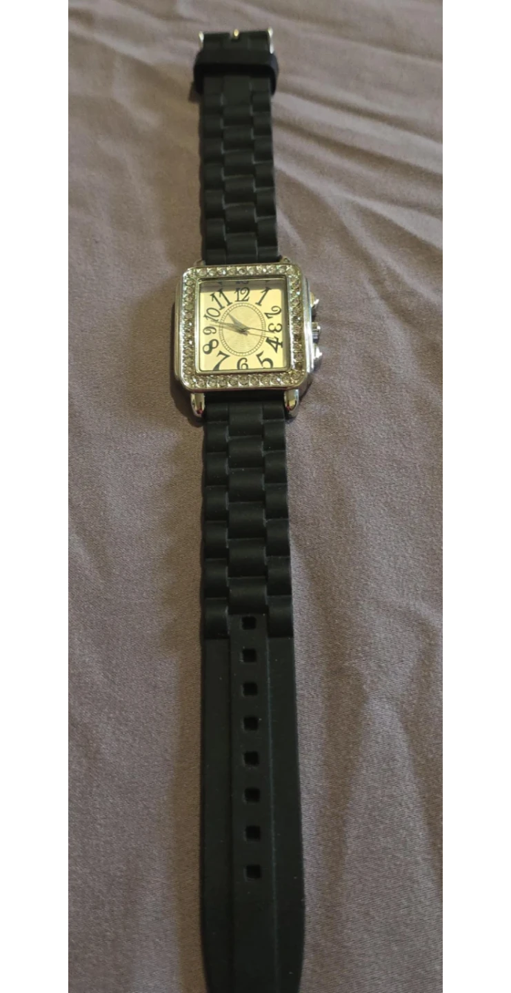 Women's Fashion Watch - Rhinestone Square Face - Black Band