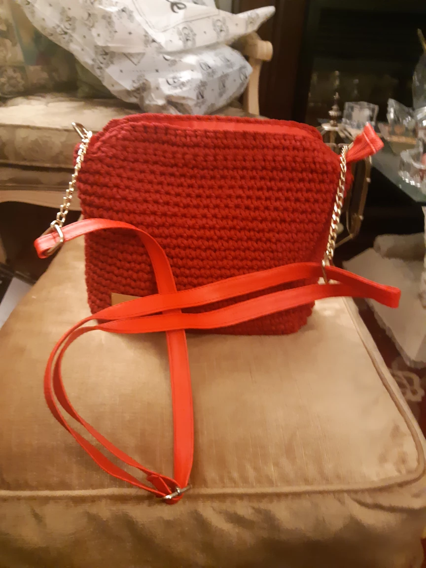 Red hand made Crocheted Crossbody Bag with Chain Strap - photo 2