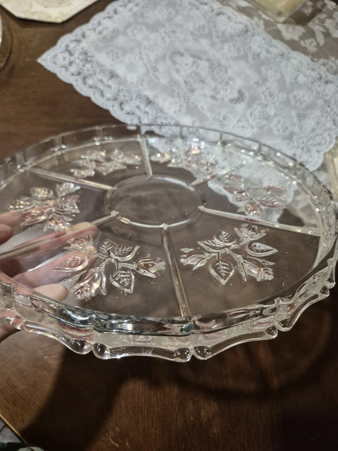 Clear Glass Divided Serving Platter with Rose Embellishments - photo 3
