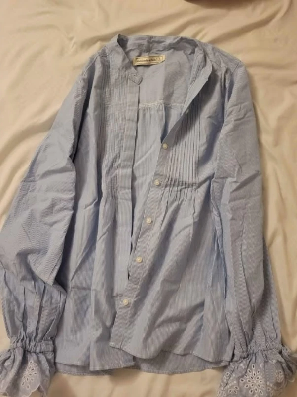 Abercrombie & Fitch Blue Striped Embroidered Sleeve Blouse