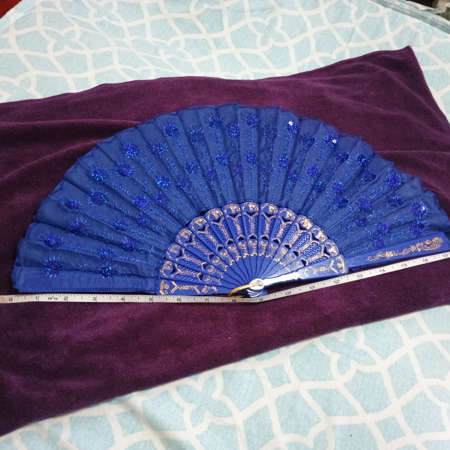 Blue Lace Fan with Gold Accents