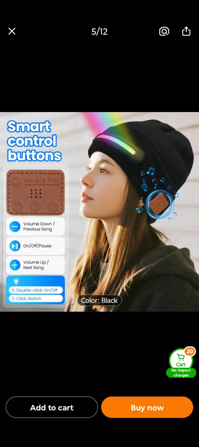 LED Wireless Music Beanie Hat - Black - photo 2