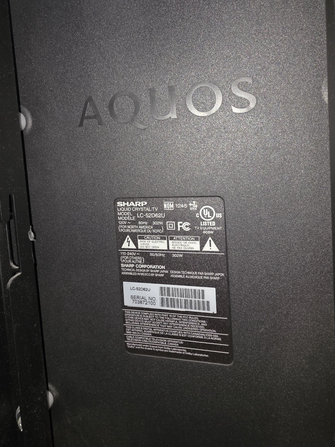 Sharp Aquos LC-52D62U LCD TV