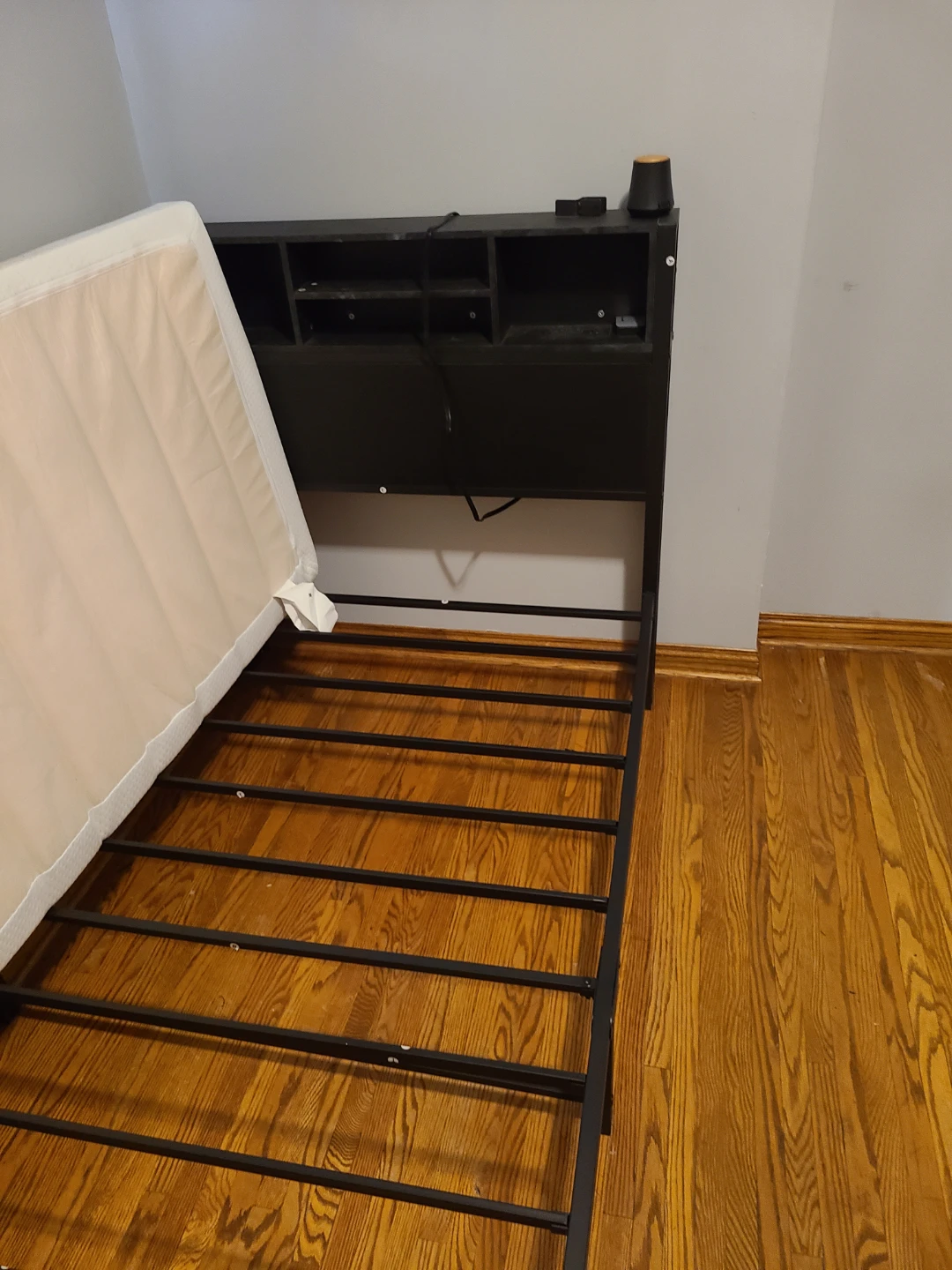 Black Headboard with Built-in Shelves and Outlets