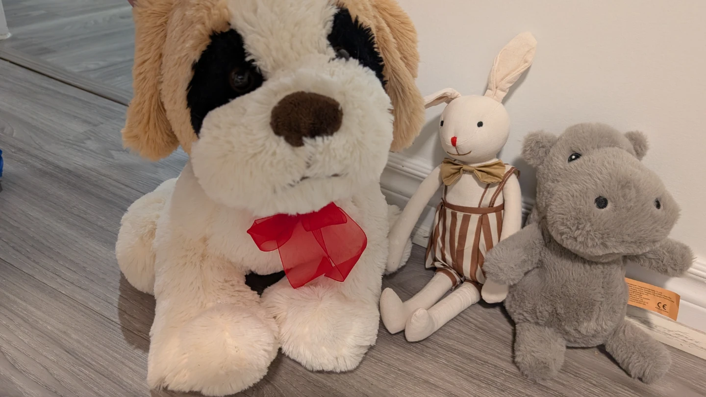 Plush St. Bernard Dog, Bunny, and Hippo Toys